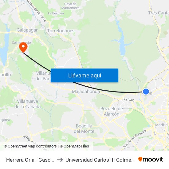 Herrera Oria - Gascones to Universidad Carlos III Colmenarejo map