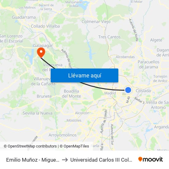 Emilio Muñoz - Miguel Yuste to Universidad Carlos III Colmenarejo map