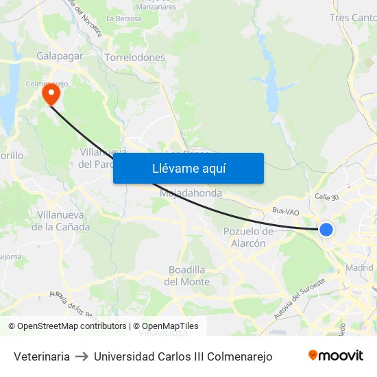 Veterinaria to Universidad Carlos III Colmenarejo map