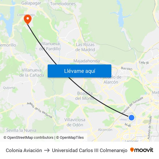 Colonia Aviación to Universidad Carlos III Colmenarejo map