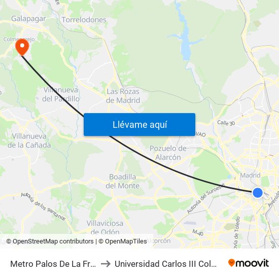 Metro Palos De La Frontera to Universidad Carlos III Colmenarejo map