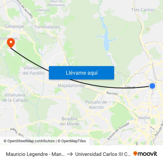 Mauricio Legendre - Manuel Caldeiro to Universidad Carlos III Colmenarejo map