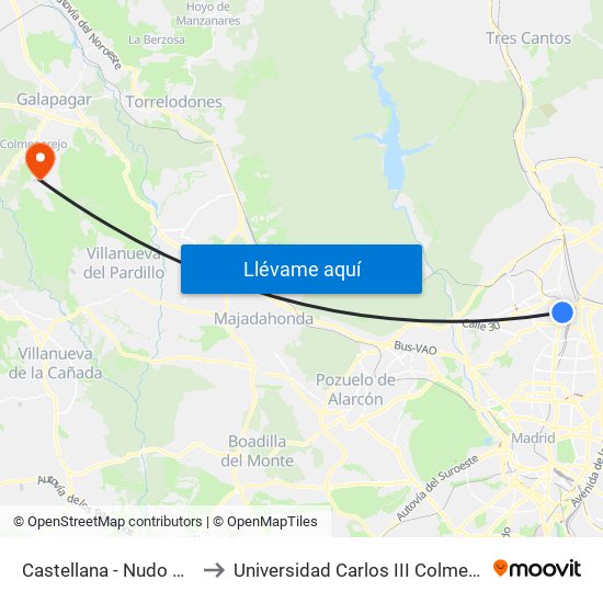 Castellana - Nudo Norte to Universidad Carlos III Colmenarejo map