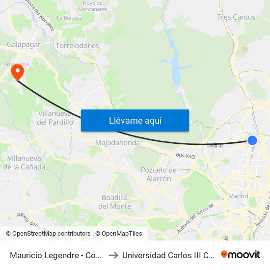 Mauricio Legendre - Cocheras Emt to Universidad Carlos III Colmenarejo map