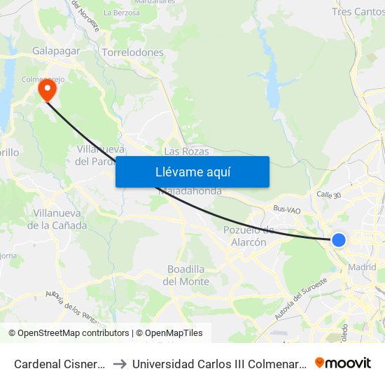 Cardenal Cisneros to Universidad Carlos III Colmenarejo map