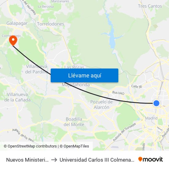 Nuevos Ministerios to Universidad Carlos III Colmenarejo map