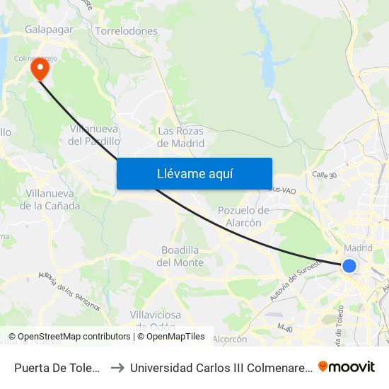 Puerta De Toledo to Universidad Carlos III Colmenarejo map