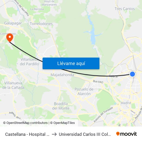 Castellana - Hospital La Paz to Universidad Carlos III Colmenarejo map