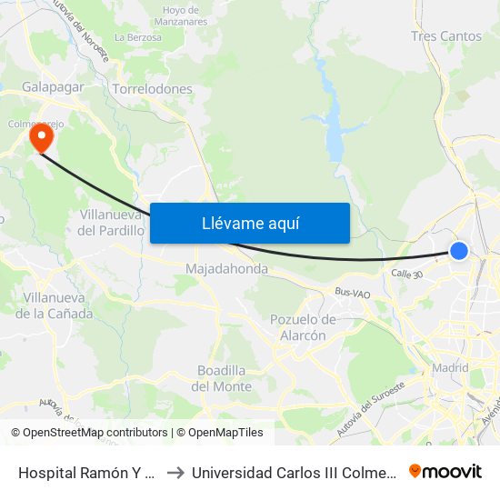 Hospital Ramón Y Cajal to Universidad Carlos III Colmenarejo map