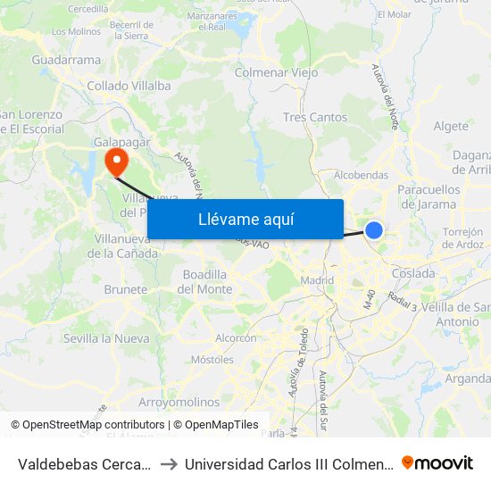 Valdebebas Cercanías to Universidad Carlos III Colmenarejo map