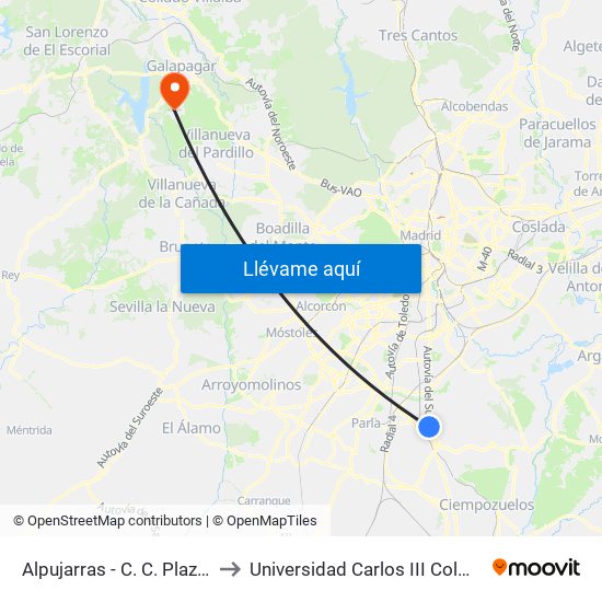 Alpujarras - C. C. Plaza Éboli to Universidad Carlos III Colmenarejo map