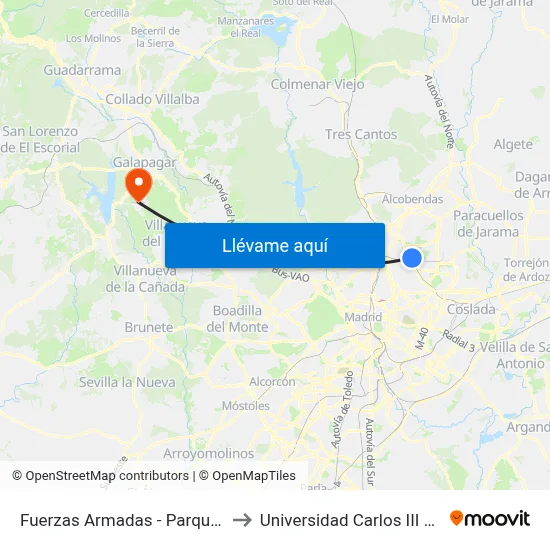 Fuerzas Armadas - Parque Valdebebas to Universidad Carlos III Colmenarejo map