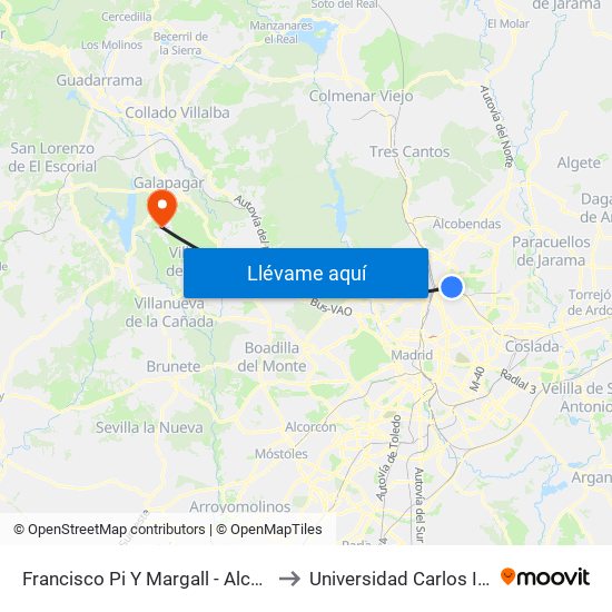 Francisco Pi Y Margall - Alcalde Moreno Torres to Universidad Carlos III Colmenarejo map