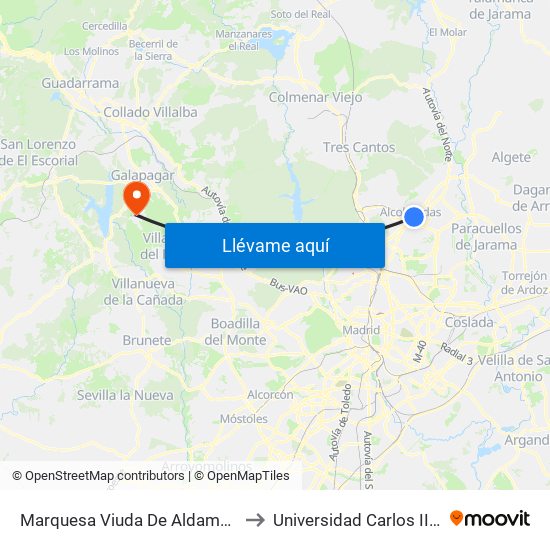 Marquesa Viuda De Aldama - Trva. Del Cañón to Universidad Carlos III Colmenarejo map