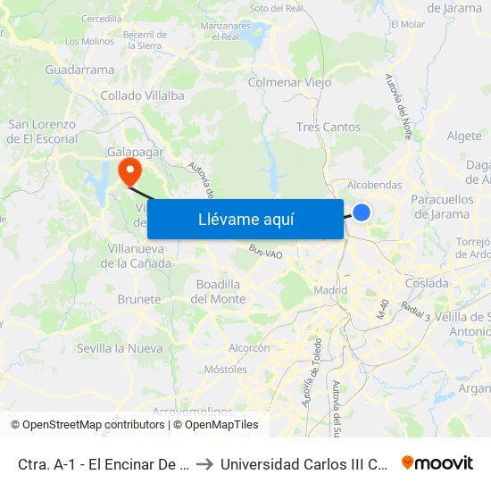 Ctra. A-1 - El Encinar De Los Reyes to Universidad Carlos III Colmenarejo map