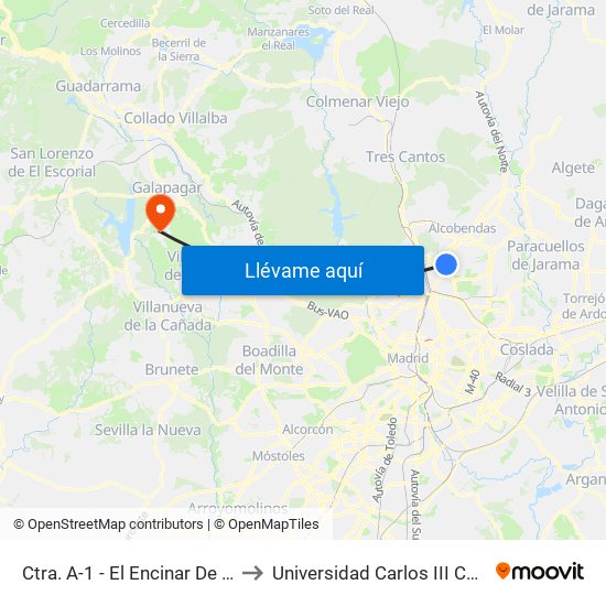 Ctra. A-1 - El Encinar De Los Reyes to Universidad Carlos III Colmenarejo map