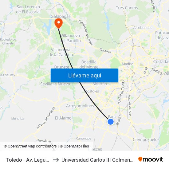 Toledo - Av. Leguario to Universidad Carlos III Colmenarejo map