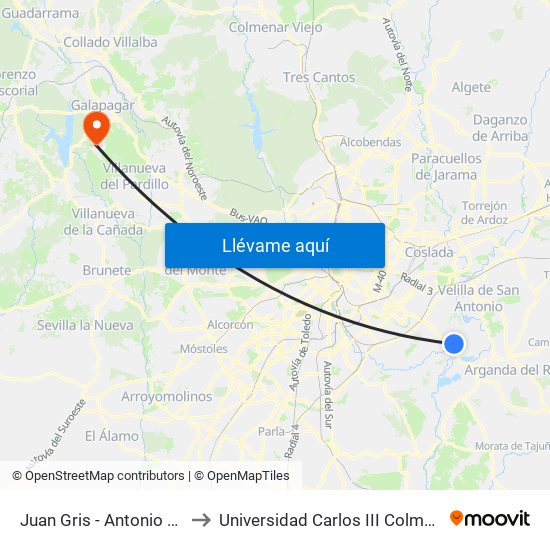 Juan Gris - Antonio Gaudí to Universidad Carlos III Colmenarejo map