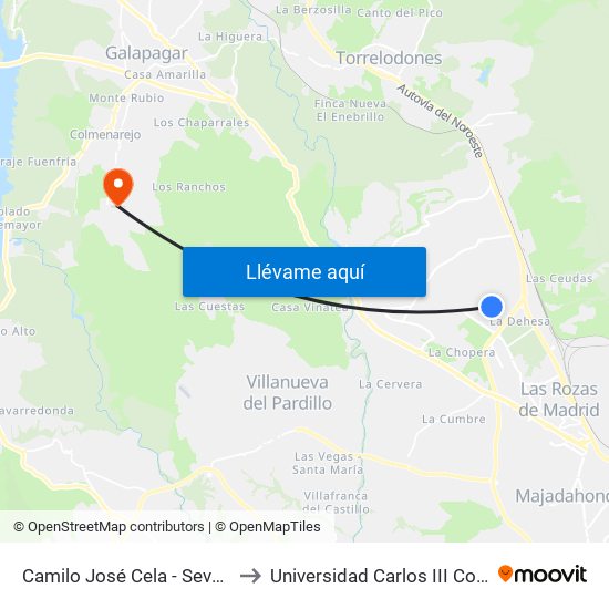 Camilo José Cela - Severo Ochoa to Universidad Carlos III Colmenarejo map