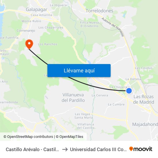 Castillo Arévalo - Castillo Atienza to Universidad Carlos III Colmenarejo map