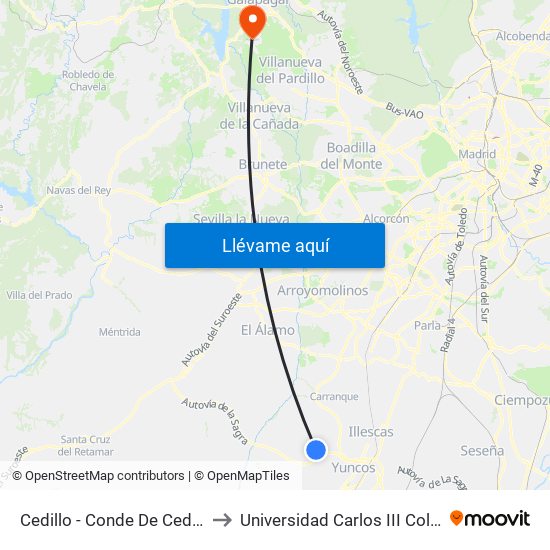Cedillo - Conde De Cedillo Nº20 to Universidad Carlos III Colmenarejo map