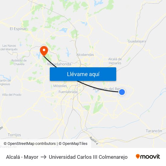 Alcalá - Mayor to Universidad Carlos III Colmenarejo map