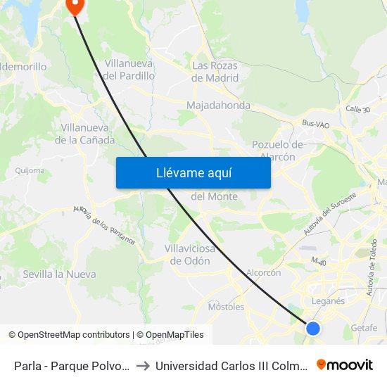 Parla - Parque Polvoranca to Universidad Carlos III Colmenarejo map