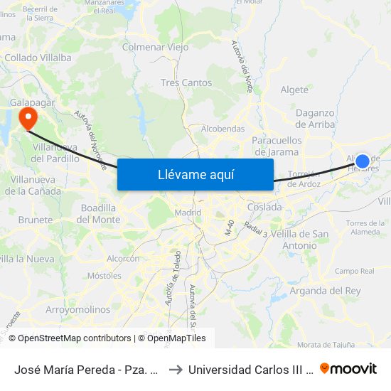 José María Pereda - Pza. Carlos Arniches to Universidad Carlos III Colmenarejo map