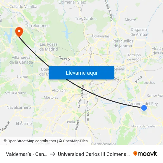 Valdemaría - Canoa to Universidad Carlos III Colmenarejo map