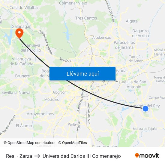 Real - Zarza to Universidad Carlos III Colmenarejo map