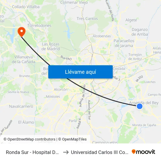 Ronda Sur - Hospital Del Sureste to Universidad Carlos III Colmenarejo map