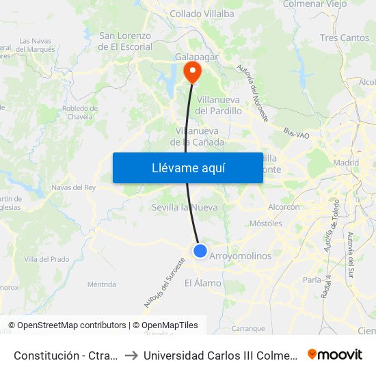 Constitución - Ctra. A-5 to Universidad Carlos III Colmenarejo map