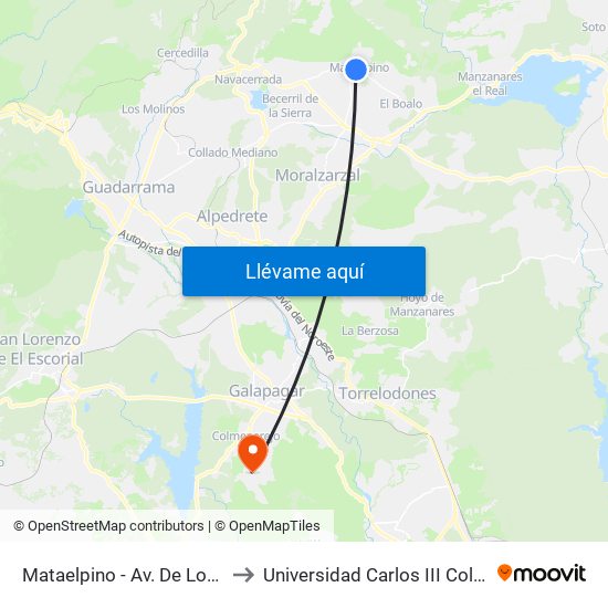 Mataelpino - Av. De Los Linares to Universidad Carlos III Colmenarejo map