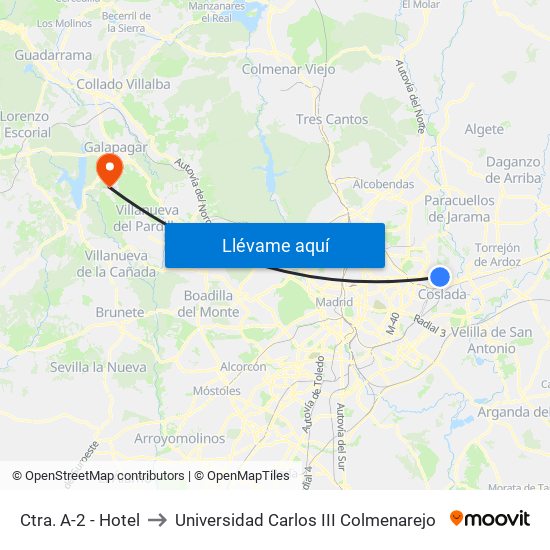 Ctra. A-2 - Hotel to Universidad Carlos III Colmenarejo map
