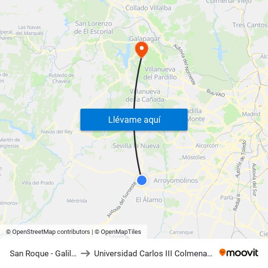 San Roque - Galileo to Universidad Carlos III Colmenarejo map