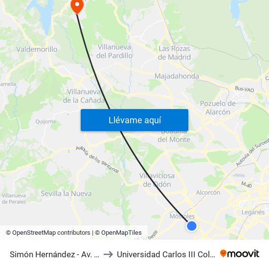 Simón Hernández - Av. Carlos V to Universidad Carlos III Colmenarejo map