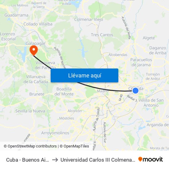 Cuba - Buenos Aires to Universidad Carlos III Colmenarejo map