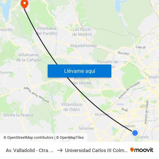 Av. Valladolid - Ctra. M-406 to Universidad Carlos III Colmenarejo map