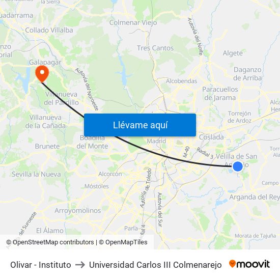 Olivar - Instituto to Universidad Carlos III Colmenarejo map