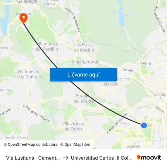 Vía Lusitana - Cementerio Sur to Universidad Carlos III Colmenarejo map