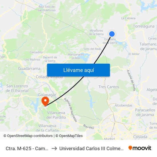 Ctra. M-625 - Camping to Universidad Carlos III Colmenarejo map