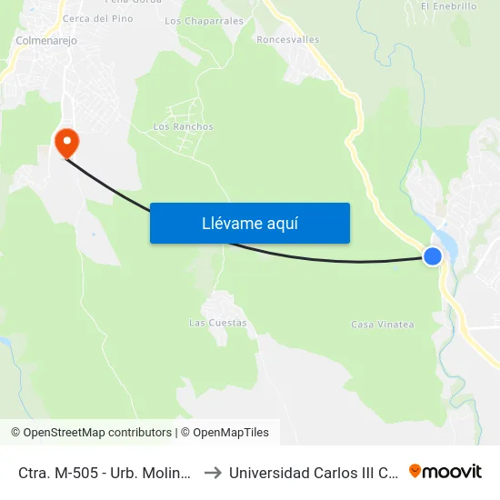 Ctra. M-505 - Urb. Molino De La Hoz to Universidad Carlos III Colmenarejo map