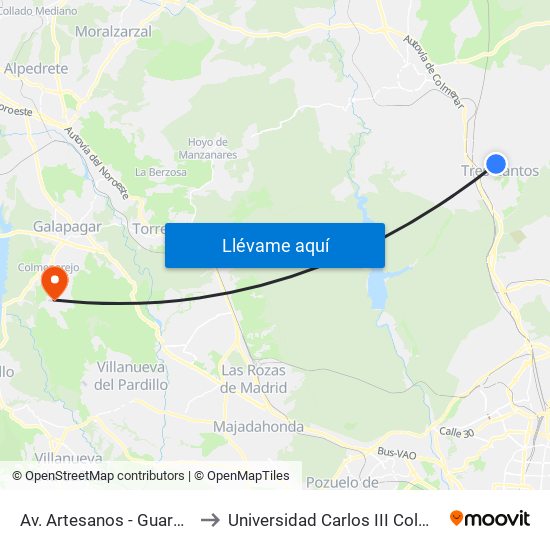 Av. Artesanos - Guardia Civil to Universidad Carlos III Colmenarejo map