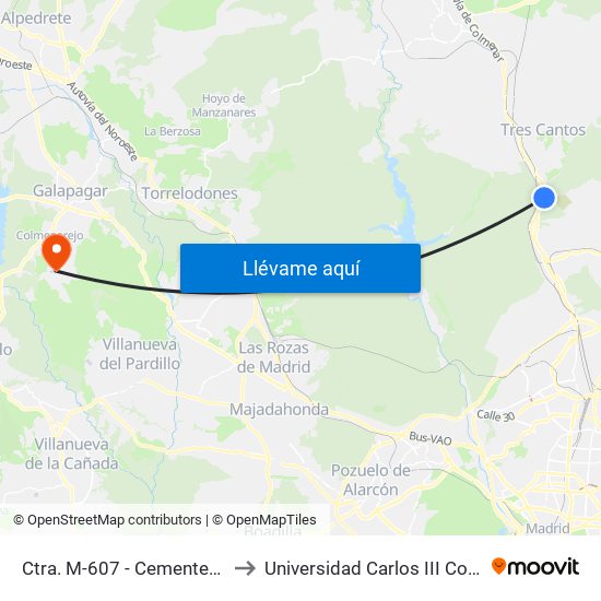 Ctra. M-607 - Cementerio La Paz to Universidad Carlos III Colmenarejo map