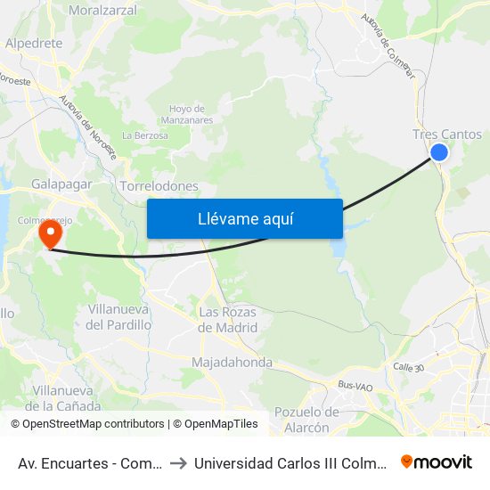 Av. Encuartes - Comercio to Universidad Carlos III Colmenarejo map