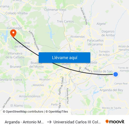 Arganda - Antonio Machado to Universidad Carlos III Colmenarejo map