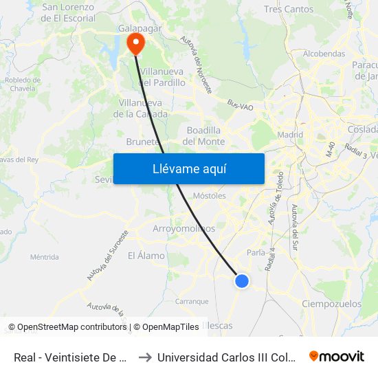 Real - Veintisiete De Octubre to Universidad Carlos III Colmenarejo map