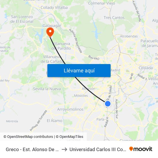 Greco - Est. Alonso De Mendoza to Universidad Carlos III Colmenarejo map
