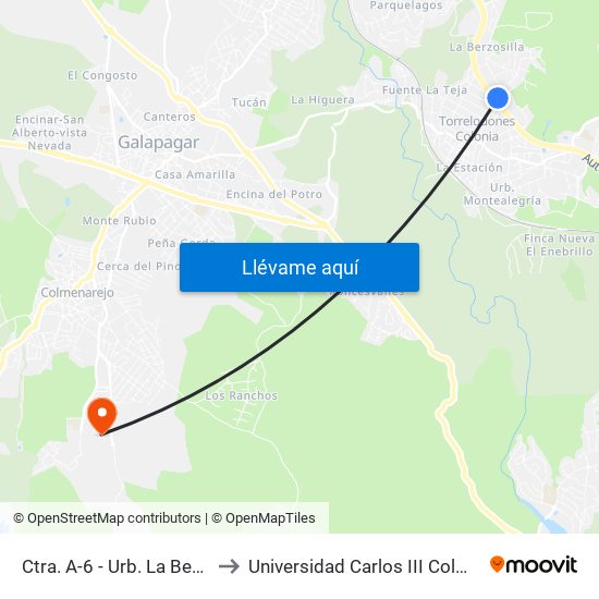 Ctra. A-6 - Urb. La Berzosilla to Universidad Carlos III Colmenarejo map