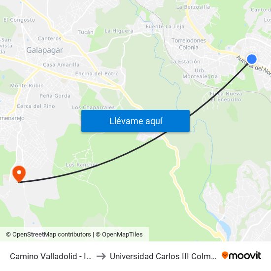 Camino Valladolid - Iglesia to Universidad Carlos III Colmenarejo map